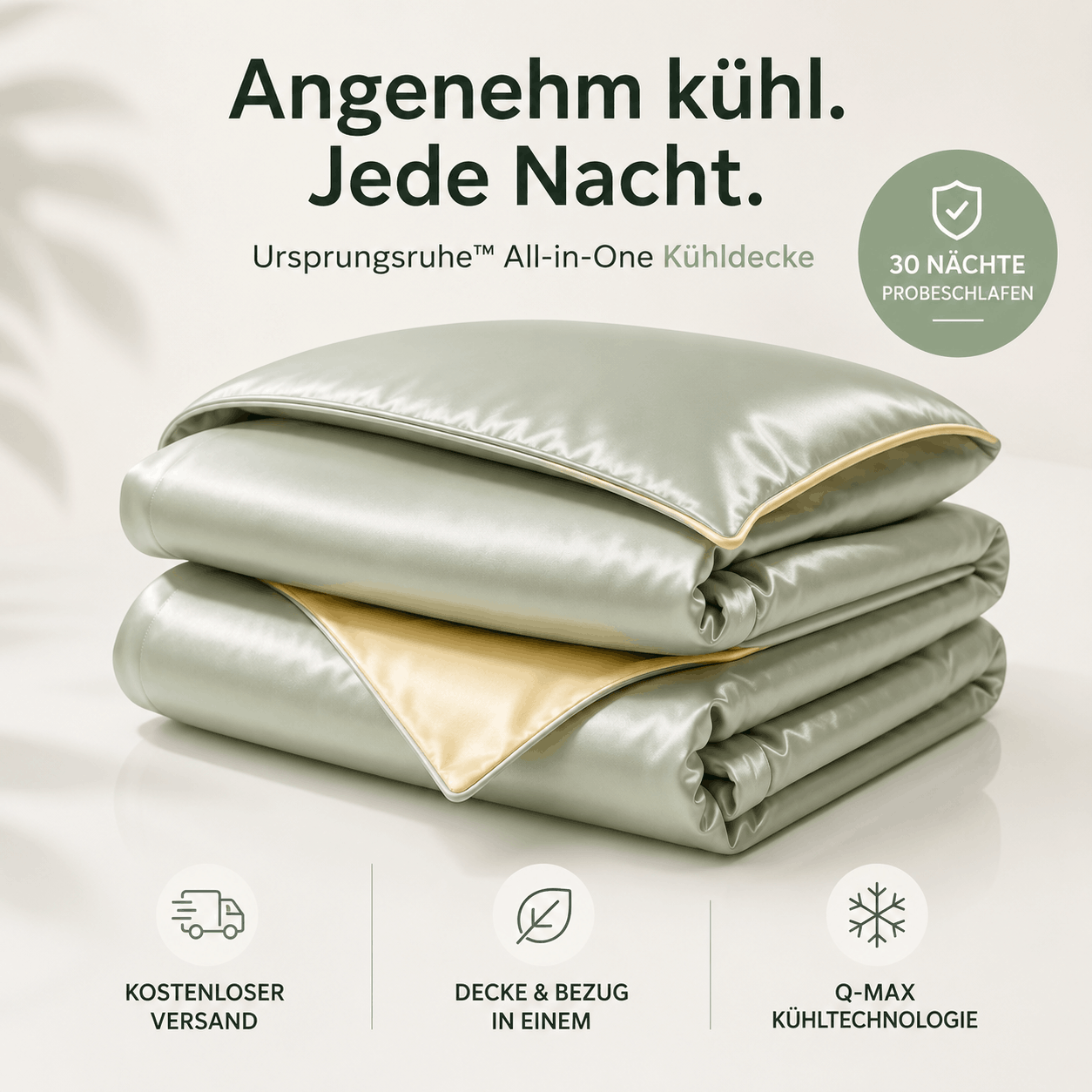 Ursprungsruhe™ All-in-One Kühldecke – Die kühlende Bettdecke ohne Bettwäsche I Mit Sofort-Kühleffekt dank Q-Max Eisseide